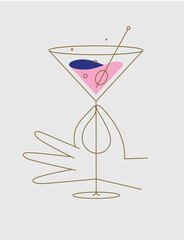Hand holding glass of cosmopolitan cocktail drawing in flat line style on beige background