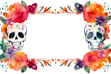 Frame of skulls and flowers during the Day of dead in Mexico on a white background