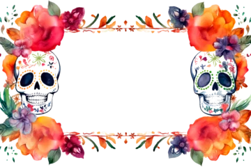 Papier Peint photo Crâne aquarelle Frame of skulls and flowers during the Day of dead in Mexico on a white background