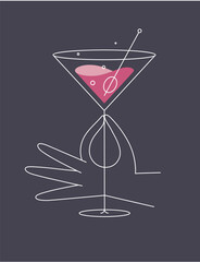 Hand holding glass of cosmopolitan cocktail drawing in flat line style on dark blue background
