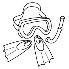 Doodle icon of diving mask and flippers in doodle style isolated on white background.