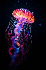 AI, colorful jellyfish swiming in dark ocean