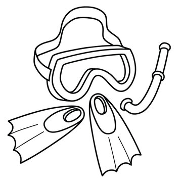 recommend clip art: Doodle icon of diving mask and flippers in doodle style isolated on white background.