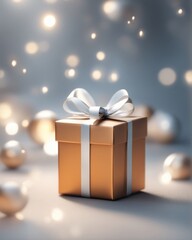 Christmas square gift box with gold wrapping and silver bow, on a gray background with bokeh