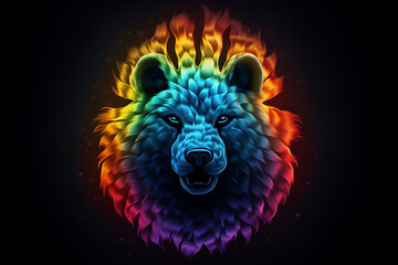 Bear head insiede it´s own pawn print, very colorful with black background, AI GENERATED