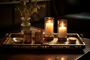 Fototapeta na wymiar elegant tray display, stylish home decor adorned with candlelight. Generative AI