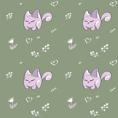 Seamless pattern with cute cats and hearts. Vector illustration.