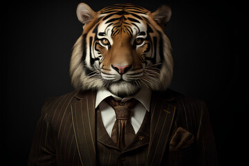 Tiger man in a suit, probably waiting for a job inteview at the ZOO!, AI GENERATED