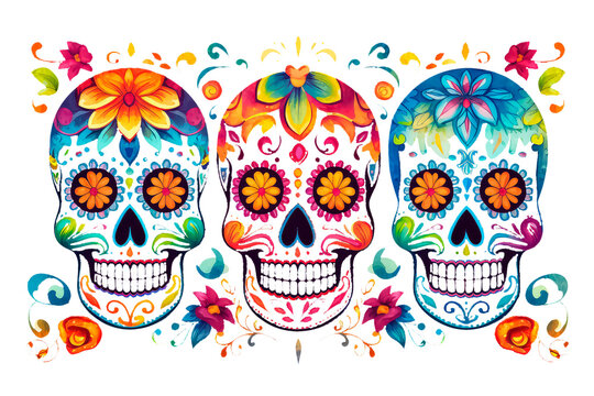 Colorful skulls with flowers during the Day of dead in Mexico on a white background