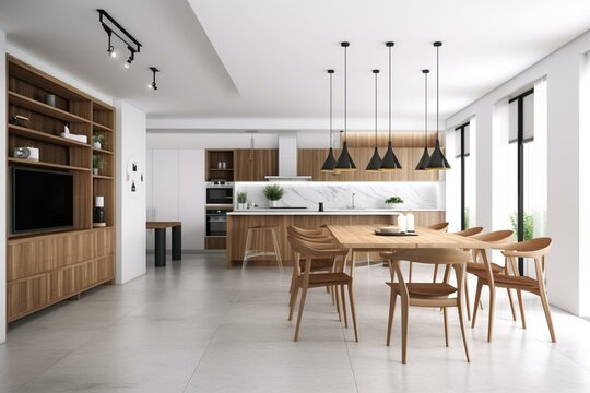 3D rendering of dining and kitchen area with white background. Generative AI