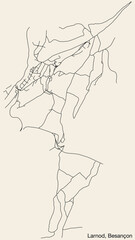 Detailed hand-drawn navigational urban street roads map of the LARNOD COMMUNE of the French city of BESANCON, France with vivid road lines and name tag on solid background