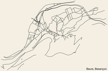 Detailed hand-drawn navigational urban street roads map of the BEURE COMMUNE of the French city of BESANCON, France with vivid road lines and name tag on solid background