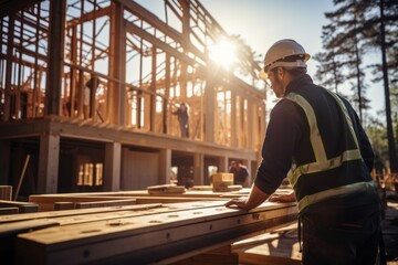 Male foreman working on a construction site in front of a new house