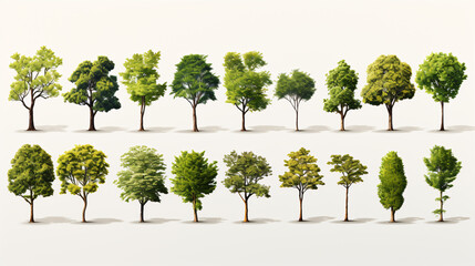 A collection of isolated trees, forming a diverse set of plants, stands against a clean white background.
