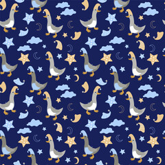 Vector seamless pattern with funny geese in nightcaps, stars, clouds and the moon. Animal character cute child  background
