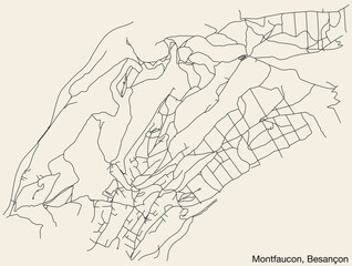 Detailed hand-drawn navigational urban street roads map of the MONTFAUCON COMMUNE of the French city of BESANCON, France with vivid road lines and name tag on solid background