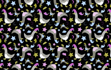 Vector seamless pattern with funny geese in nightcaps, stars, clouds and the moon. Animal character cute child  background