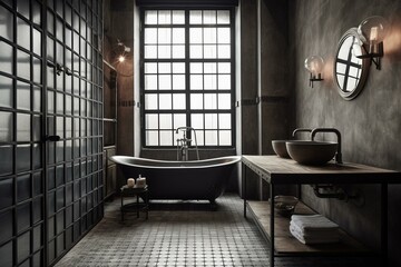 Industrial bathroom with polished concrete, white bathtub, old metal sink cabinet, black steel lattice. Generative AI