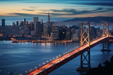 A view of San Francisco cityscape and Bay Bridge at twilight captured from above with a helicopter. Generative AI