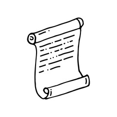 A scroll is a long sheet of writing material rolled into a roll. Papyrus, parchment, ancient manuscript. Doodle. Hand drawn. Vector illustration. Outline.