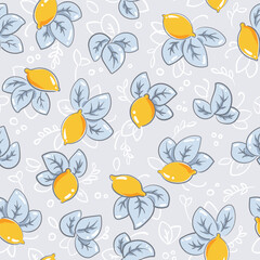 Seamless vector pattern with lemons and leaves in pastel yellow and blue colors