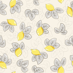 Seamless vector pattern with lemons and leaves in pastel yellow, gray and beige colors