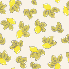 Seamless vector pattern with cute lemons and leaves in yellow, beige and green colors