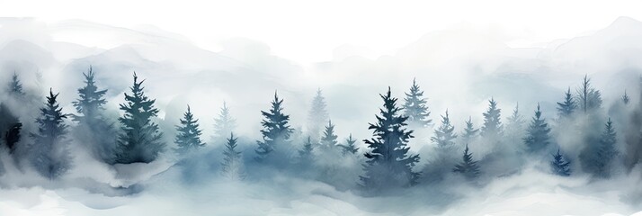 Watercolor painting of a foggy forest landscape.