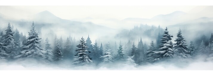 Fototapeta na wymiar Watercolor painting of a foggy forest landscape.