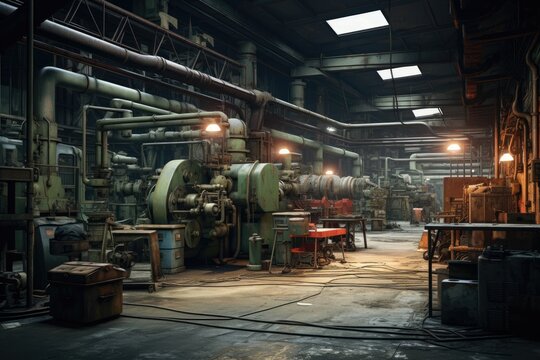 Old factory with rusty machinery and scattered tools.