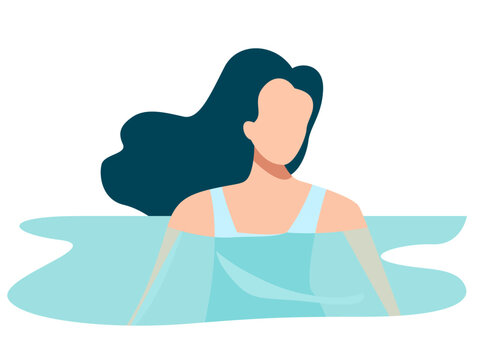 Female in the water, half submerged, girl swims in the water, flat style vector illustration, woman in water simple stock vector image