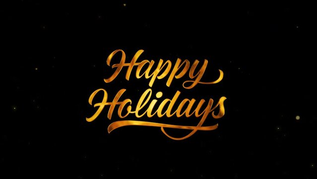 Happy holidays greetings whit golden text on black background.particles and glittering stars.Holidays concept.animated holiday season social post digital card.