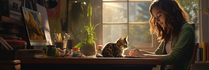 Girl in home workspace with cat showcasing work-from-home concept