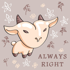 Hand drawn vector illustration of a cute goat. Isolated objects on pastel background.