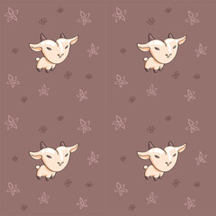 Seamless pattern with cute cartoon goat on brown background. Vector illustration.