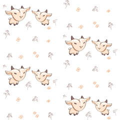 Seamless pattern with cute cartoon lambs on white background. Vector illustration.