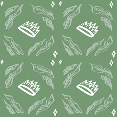 Seamless pattern with green leaves and crown. Vector illustration.