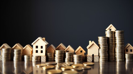Miniature 3d house models with stacks of golden coins on black background. Real estate, investment, new home and finance concept.