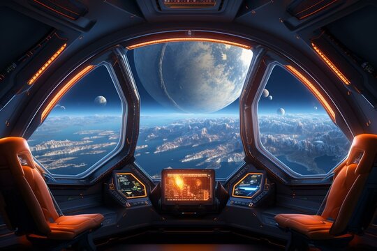 Interior of a spaceship with a view of a planet from the window. Generative AI