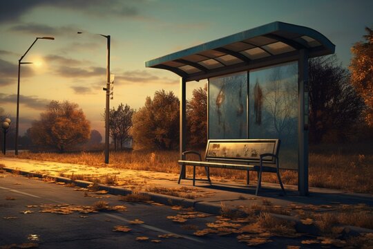 A picture of a bus stop with a street, road, and bench. Generative AI