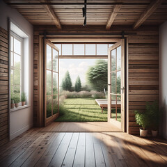 Obraz premium Modern empty room with open doors interior design generated.Ai