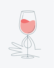 Hand holding glass of wine drawing in flat line style