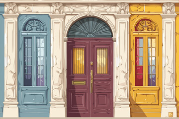 Entrance doors for classic country houses and old houses. background, vector, design, vintage, art, wood, house, illustration, home, building, wall, white, retro, architecture, red, glass, flat,