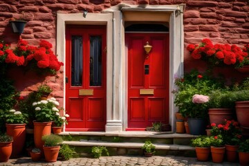 Fototapeta na wymiar a red front door of a French brick house. Pots with flowering plants are placed next to the house - AI Generative