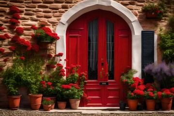 a red front door of a French brick house. Pots with flowering plants are placed next to the house - AI Generative