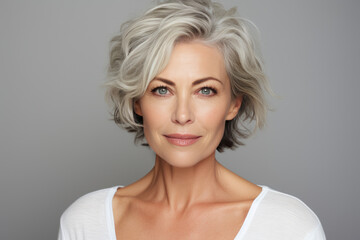 Close-up of a mid-50s online marketing specialist with gray hair, dressed in a white casual V-neck shirt, posing against a gray and white background.
