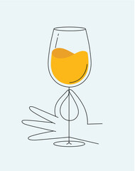 Hand holding glass of wine drawing in flat line style drawing on light background