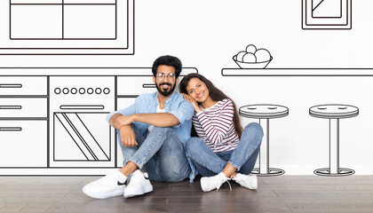 Happy young indian couple enjoy dreams of own house, buy new home, design, in kitchen interior