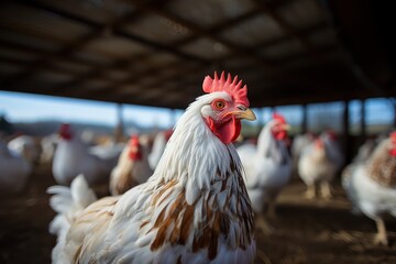 White rooster on a farm. Selective focus. Shallow depth of field