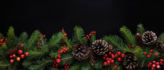 Christmas Mockup banner with fir, conifer branches, cones, red berries, decorations on black textured background. Top view. Flat lay. New Year Holidays background. Generative ai